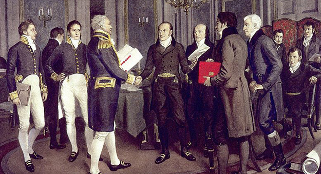Painting (courtesy of the Smithsonian Institute) shows British and American diplomats after signing the Treaty of Ghent to end the War of 1812